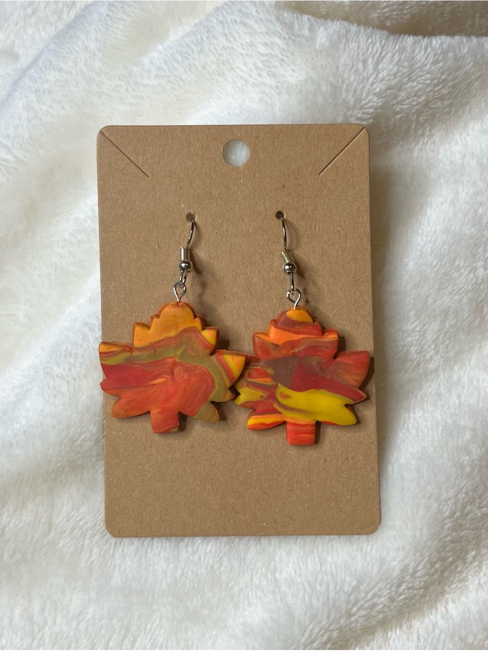 Autumn Leaf Dangle Earrings in Orange & Yellow Handcrafted - Picture 2 of 2
